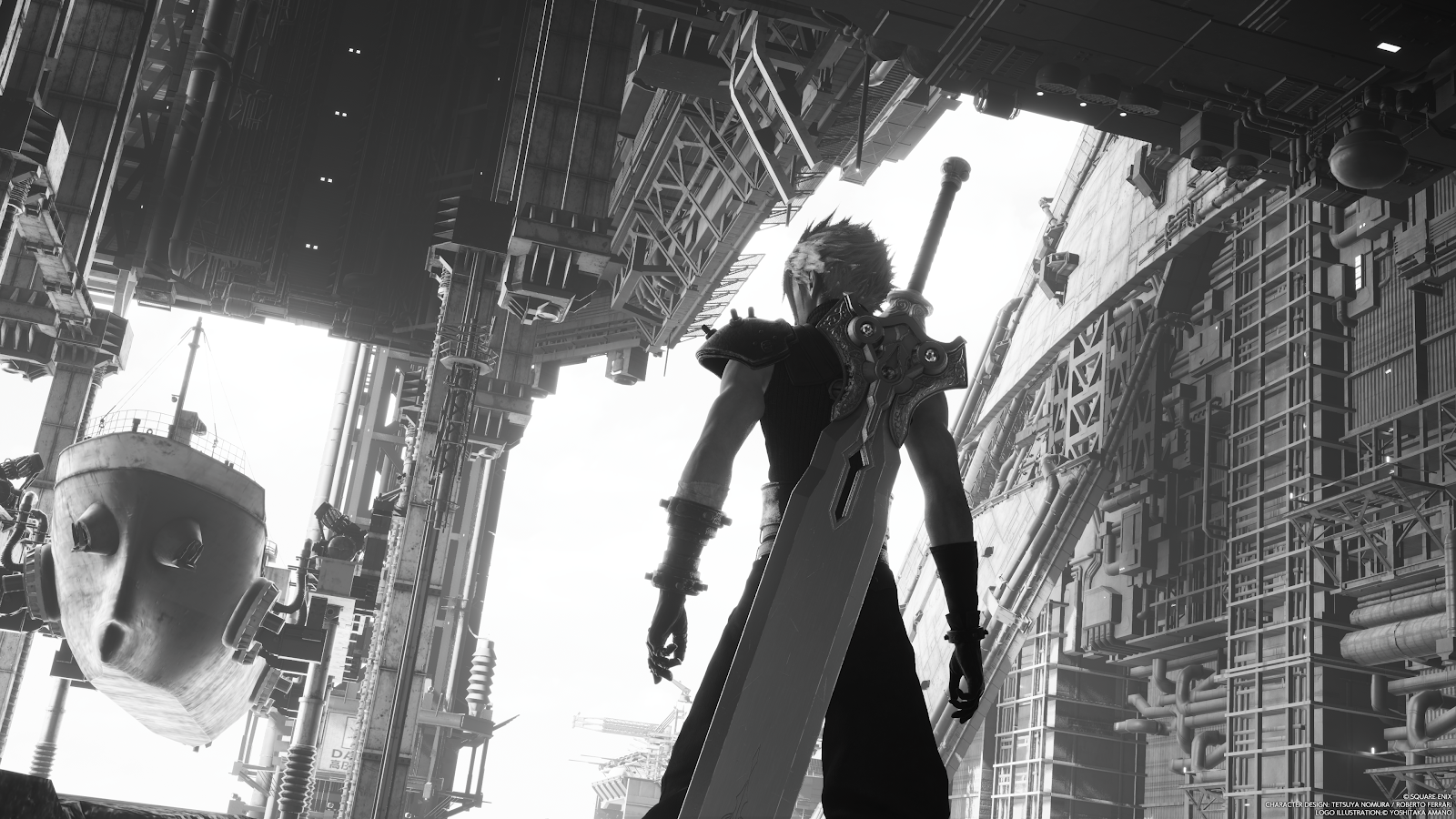 Cloud Strife In Midgar Shipyard - Monochrome Game Art 4K Wallpaper (3840x2160)