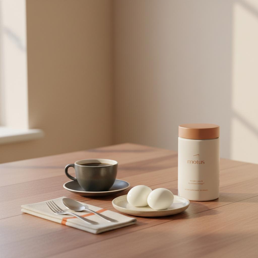 Minimal breakfast scene with Tonum Motus bottle beside two boiled eggs and coffee on a wooden table, illustrating appetite suppressants as part of a protein-focused meal.