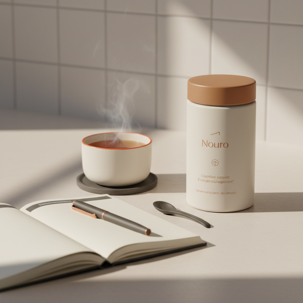 Tonum Nouro bottle on a neat kitchen counter beside herbal tea and open notebook, morning routine highlighting daily use of BrainMD supplements for weight loss