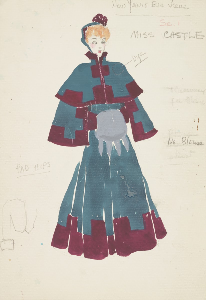 Life and Death of an American Miss Castle green dress with red borders Grey muff