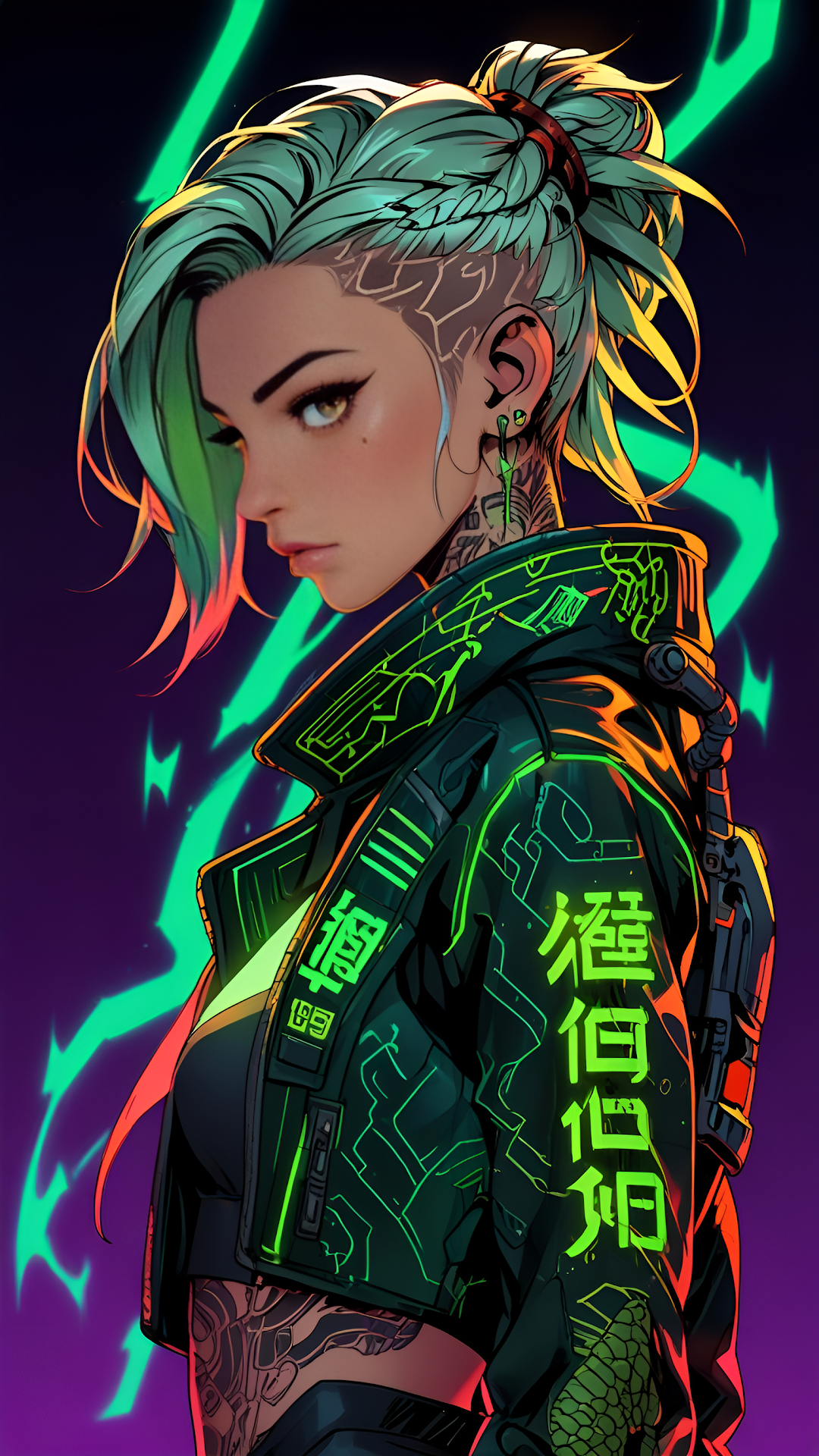 Cyberpunk Woman with Neon Green Hair and Glowing Jacket - Free 4K mobile Wallpaper
