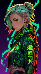 Cyberpunk Woman with Neon Green Hair and Glowing Jacket