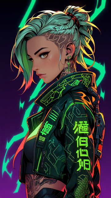 Cyberpunk Woman with Neon Green Hair and Glowing Jacket - Free mobile Wallpaper