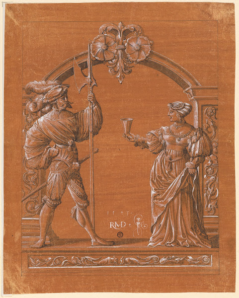 Scheibenriss mit Frau die einem Landsknecht den Willkommtrunk reicht 1543