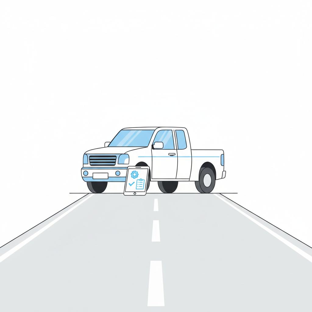 Minimalist 2D vector of a badge free pickup on a clear test drive road with a tablet showing gear and checklist icons implying transmission inspection used chevy colorado for sale