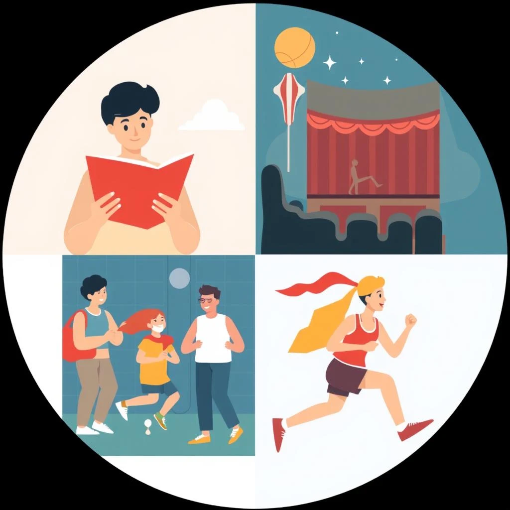 문화누리카드를 이용할 수 있는 다양한 분야를 상징하는 일러스트. 책, 영화표, 공연장, 스포츠 시설, 여행지 등 여러 아이콘이 한 화면에 어우러진 모습.