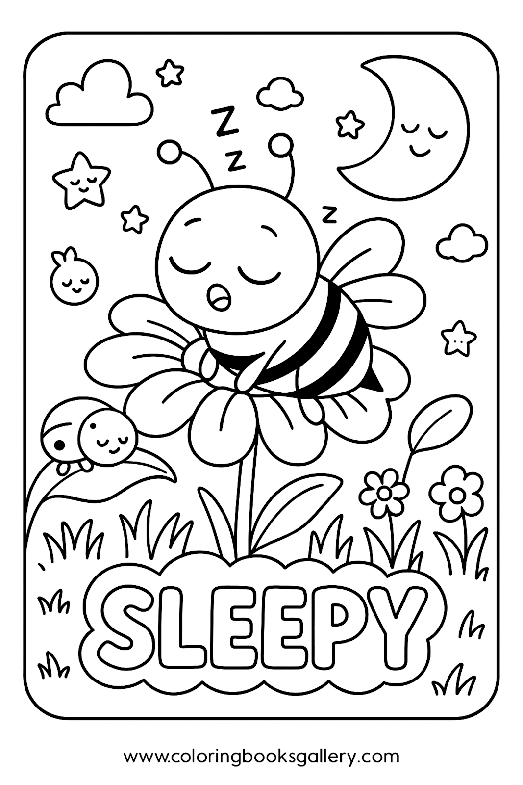 Sleepy Bee Coloring Page for Kids – Simple Emotional Learning Printable Line Art – printable coloring page