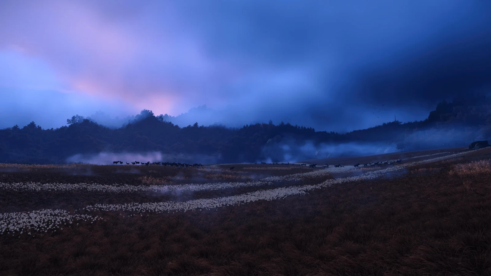 Misty Fields Under Purple Twilight - Digital Concept Art 4K Wallpaper (3840x2160)