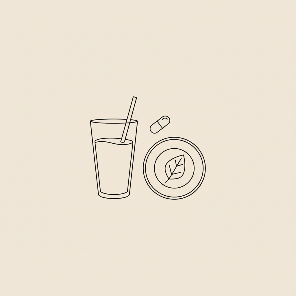 Minimal Tonum-style vector line illustration of a protein shake glass, a plate with a single stylized leaf, and a small capsule on beige background — best meal replacement protein shake