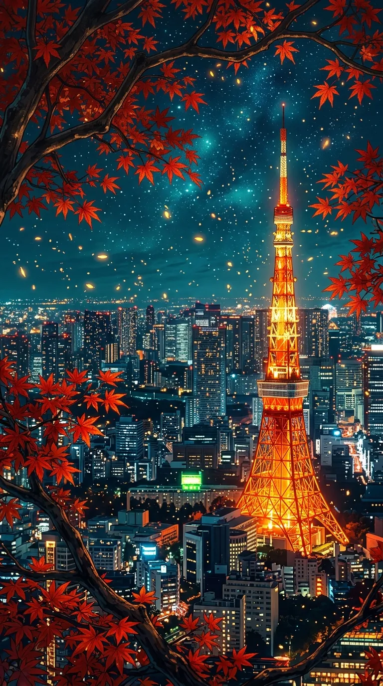 Tokyo Tower View Through Red Autumn Maple Leaves - Free 4K mobile Wallpaper