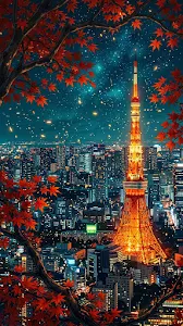Tokyo Tower View Through Red Autumn Maple Leaves