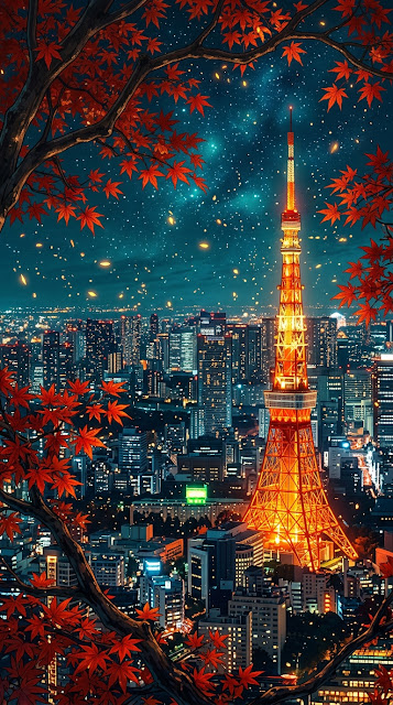 Tokyo Tower View Through Red Autumn Maple Leaves - Free mobile Wallpaper
