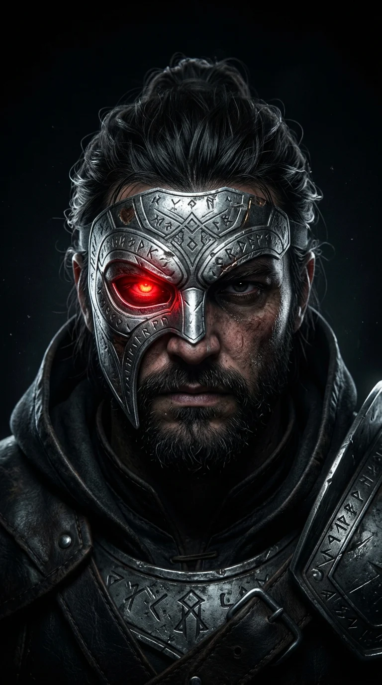 Dark Fantasy Portrait of a Masked Face with a Glowing Red Eye - Free 4K mobile Wallpaper