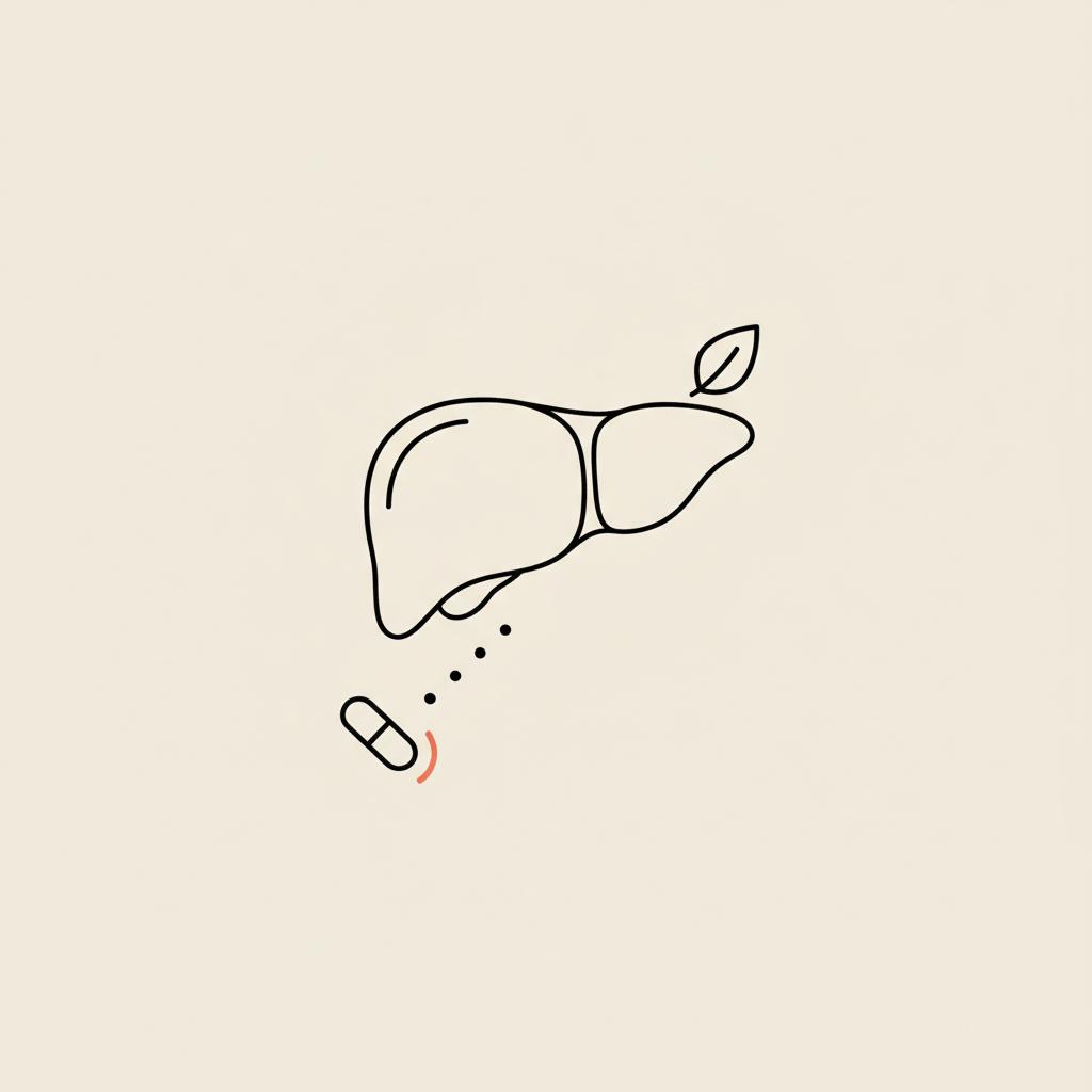 Minimalist vector line illustration of a liver with a small leaf and a capsule pathway on a beige background, representing signs of fatty liver