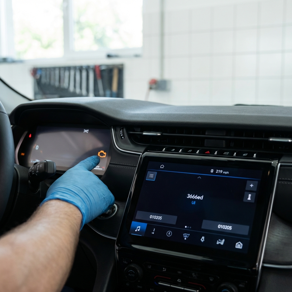 Close up of jeep grand cherokee for sale instrument cluster and infotainment screen with mechanic pointing at an illuminated warning light in a clean white garage