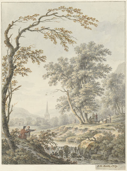 Landschap met waterval en in de verte een kerk 1769