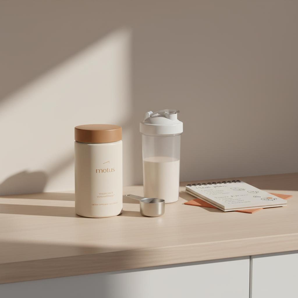 Minimalist kitchen scene with Tonum Motus container beside a high-protein shake, measuring scoop and notebook, illustrating meal supplements for weight loss