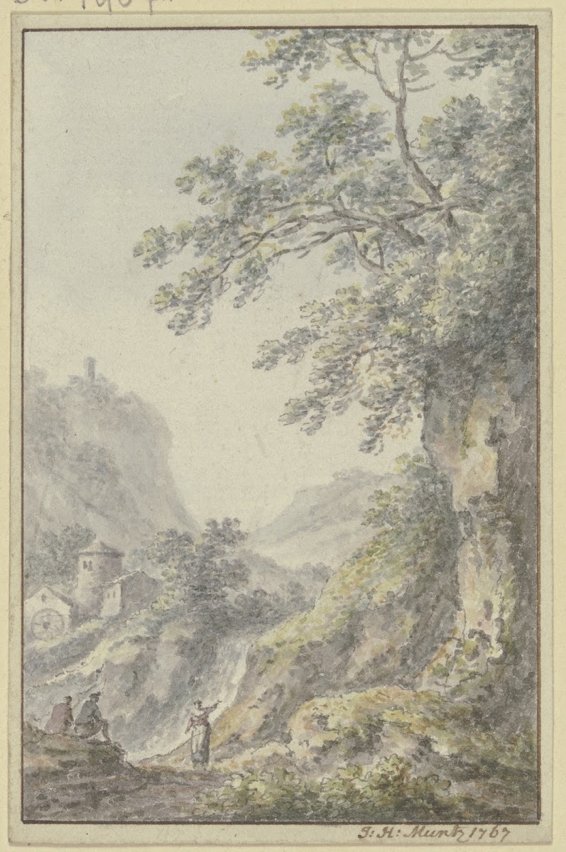 Blick in eine Berglandschaft mit einer Burg im Vordergrund ein Hohlweg mit drei