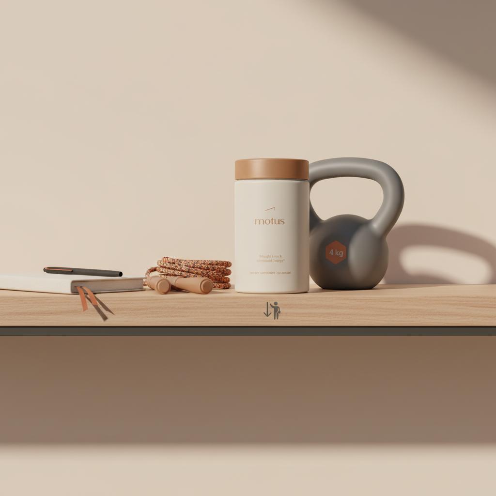 Motus supplement bottle on a minimalist wooden shelf with jump rope, small kettlebell, and closed notebook—calm studio scene aligned with Adele weight loss method