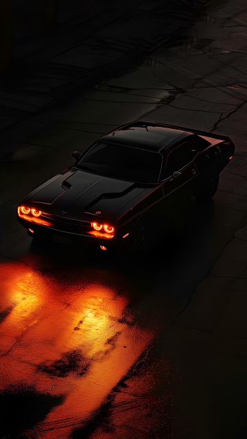 Black Muscle Car Headlights Night Reflection Dark Street