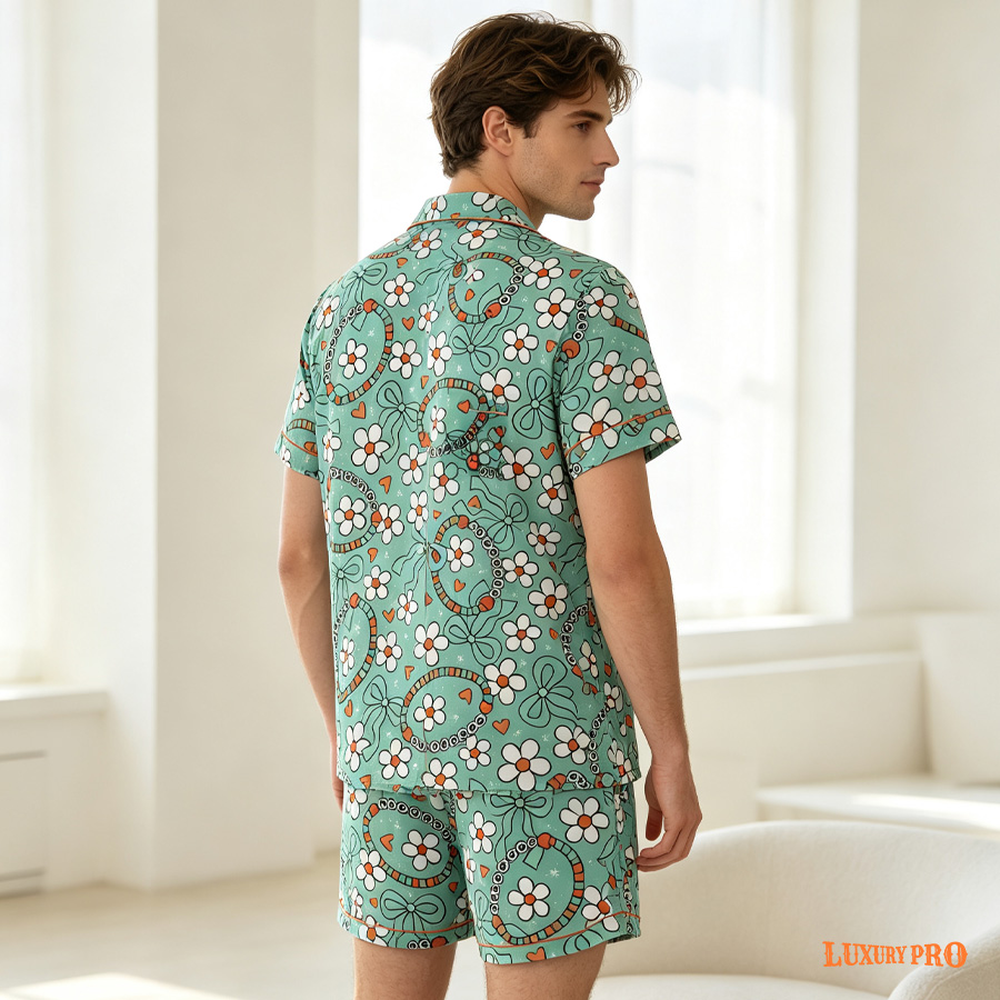 AOP Short Milk Silk Pajama Set With Pockets For Men