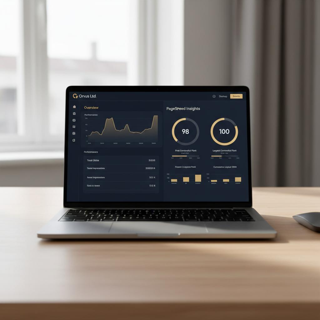Laptop showing Google Search Console and PageSpeed Insights charts for a website SEO audit in a minimalist Orvus Ltd. navy workspace.