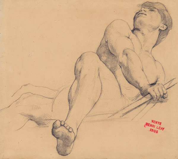 Etude de jeune homme allongé le pied gauche en avant