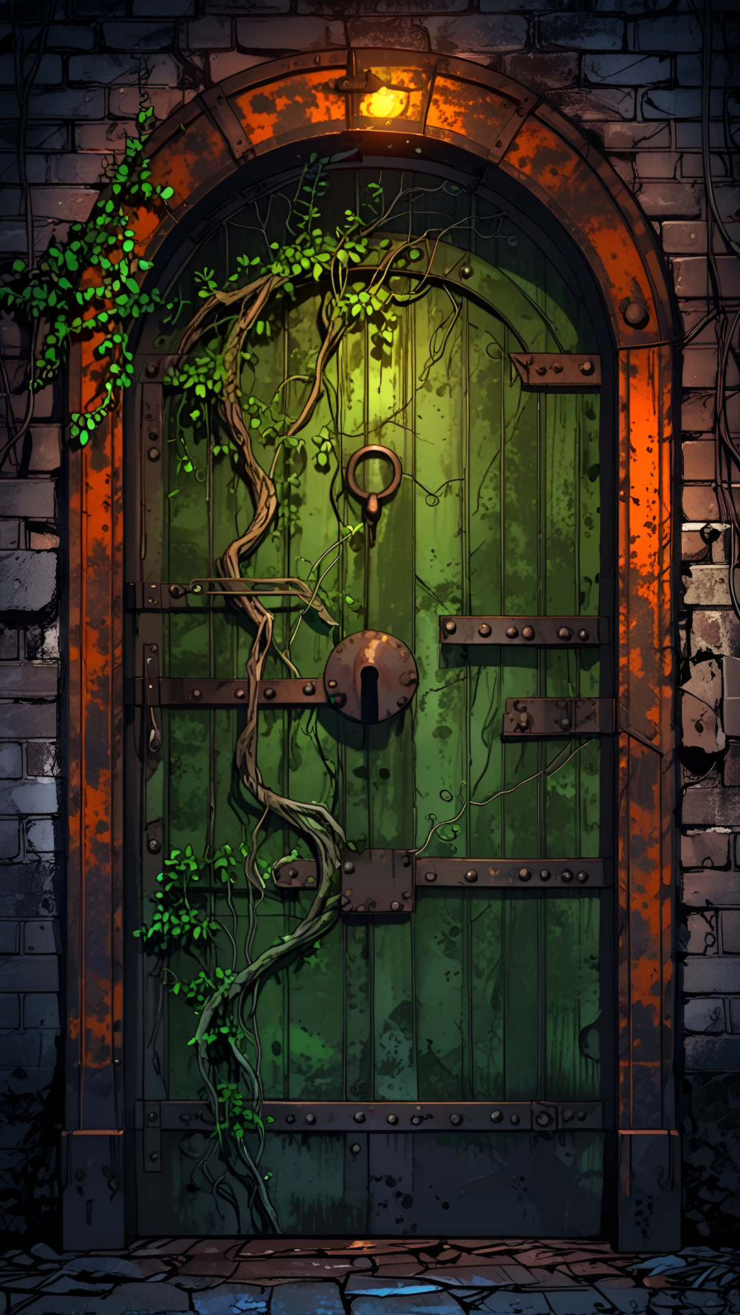 Ancient green door with vines and iron hardware in stone arch - Free 4K mobile Wallpaper