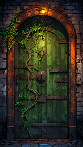 Ancient green door with vines and iron hardware in stone arch