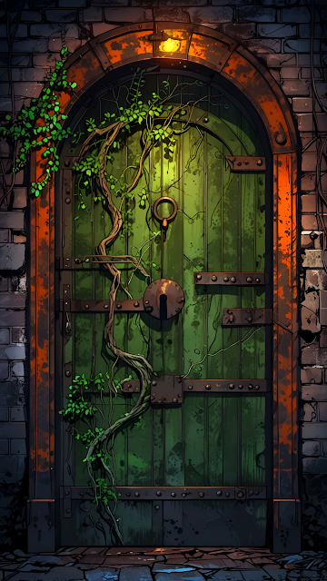 Ancient green door with vines and iron hardware in stone arch - Free mobile Wallpaper