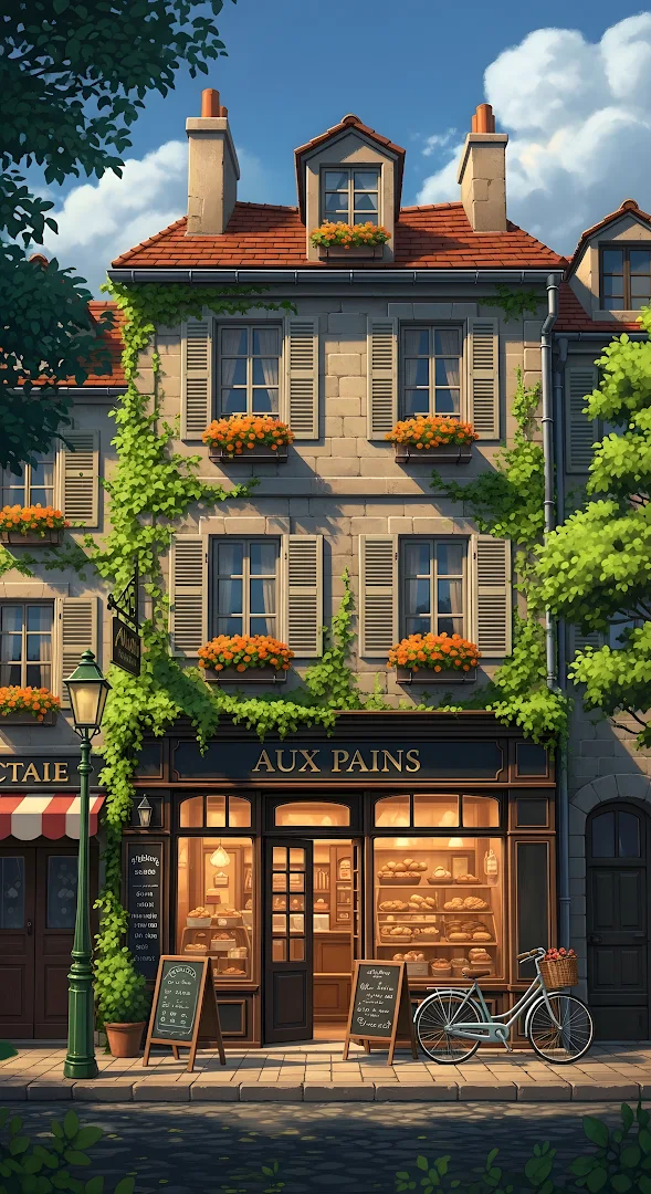 Charming Parisian Bakery with Ivy and Bicycle