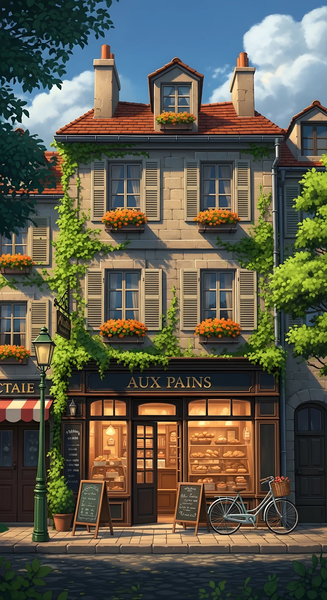 Charming Parisian Bakery with Ivy and Bicycle - Free 4K mobile Wallpaper