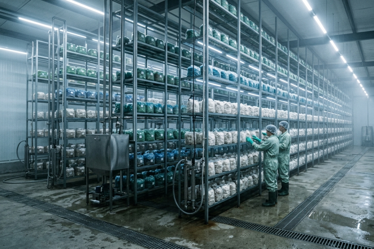 Inside a large-scale mushroom cultivation facility with towering racks of grow bags