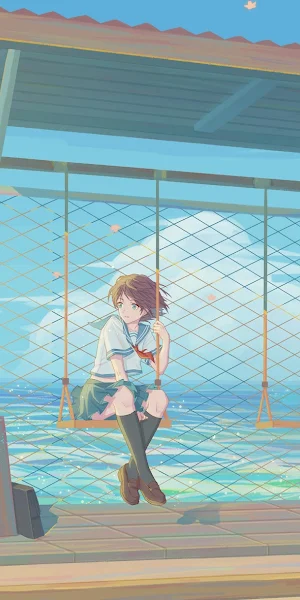 Anime Girl, Seascape, Swing, School Uniform 4K Wallpaper Background