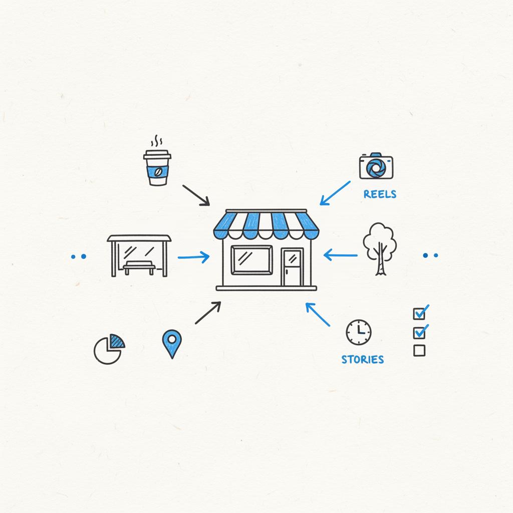 Close-up notebook sketch of a storefront and nearby landmarks with hand-drawn arrows to camera and clock icons for Reels and Stories, concept for local Instagram advertising