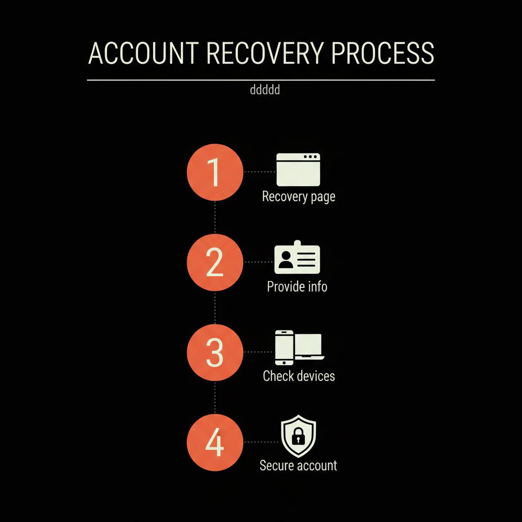 Minimal infographic to recover Gmail account with four numbered steps: Recovery page, Provide info, Check devices, Secure account on black background with brand accents.