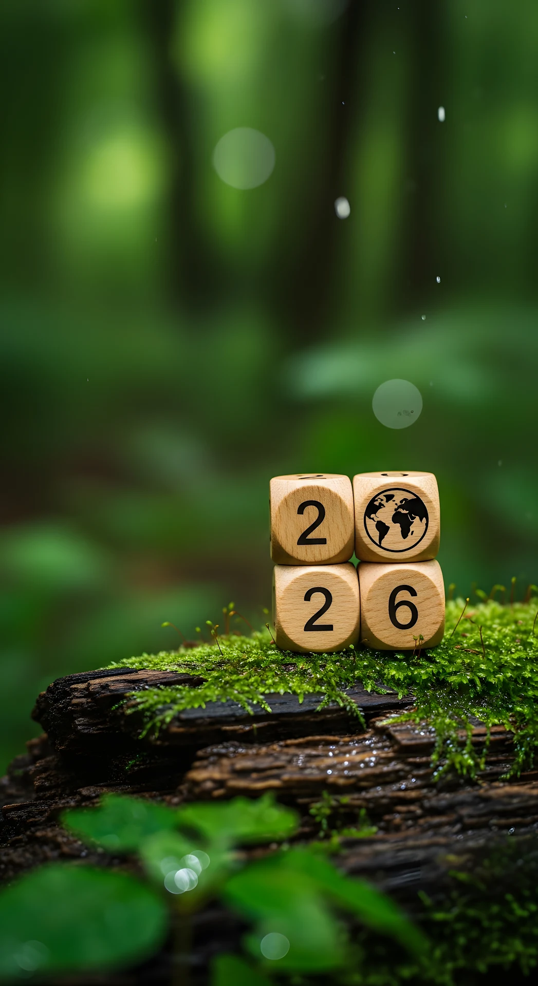 Wooden Blocks Globe Symbol on Mossy Forest Log - Free 4K mobile Wallpaper