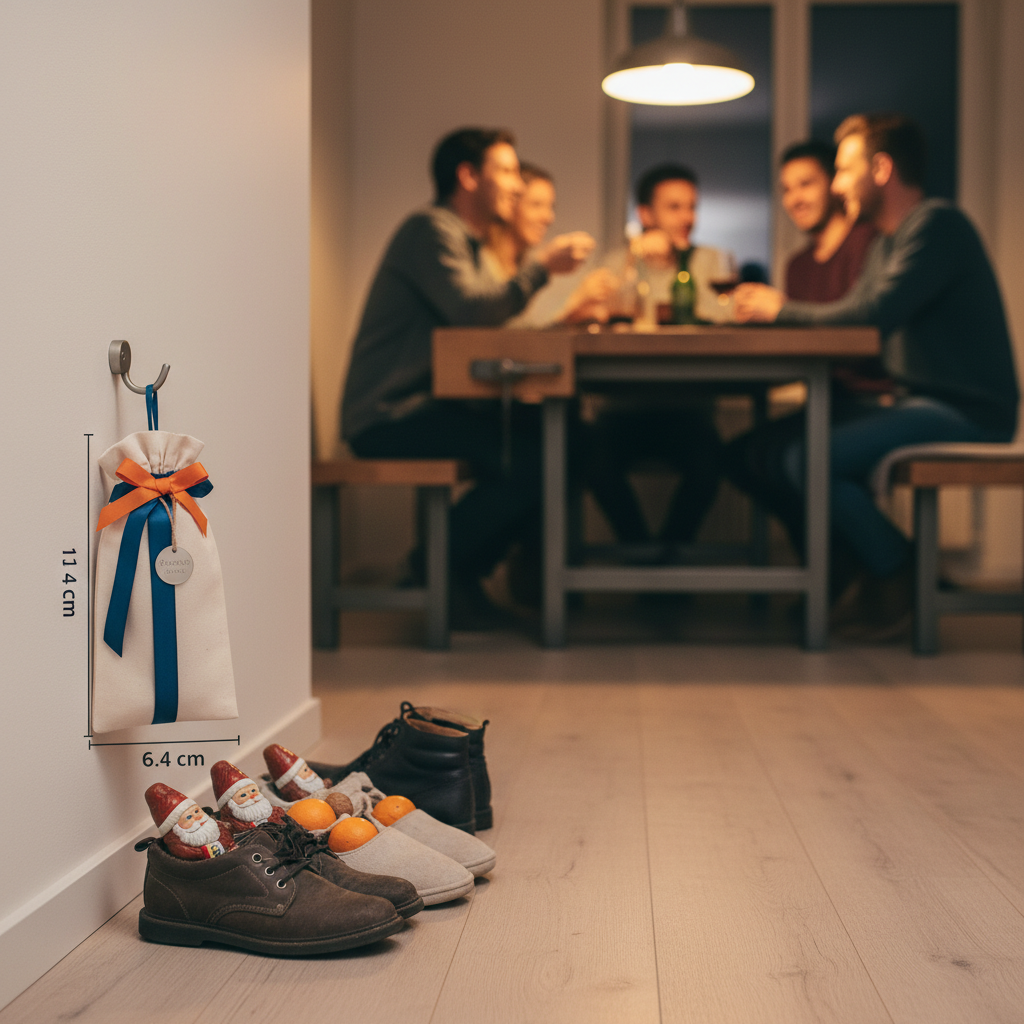 Nahaufnahme einer Schuhreihe im Flur mit traditionellen Nikolaus-Gaben (Schokolade, Nüsse, Mandarinen) und dezentem Industrie-Akzent – nikolaus ideen