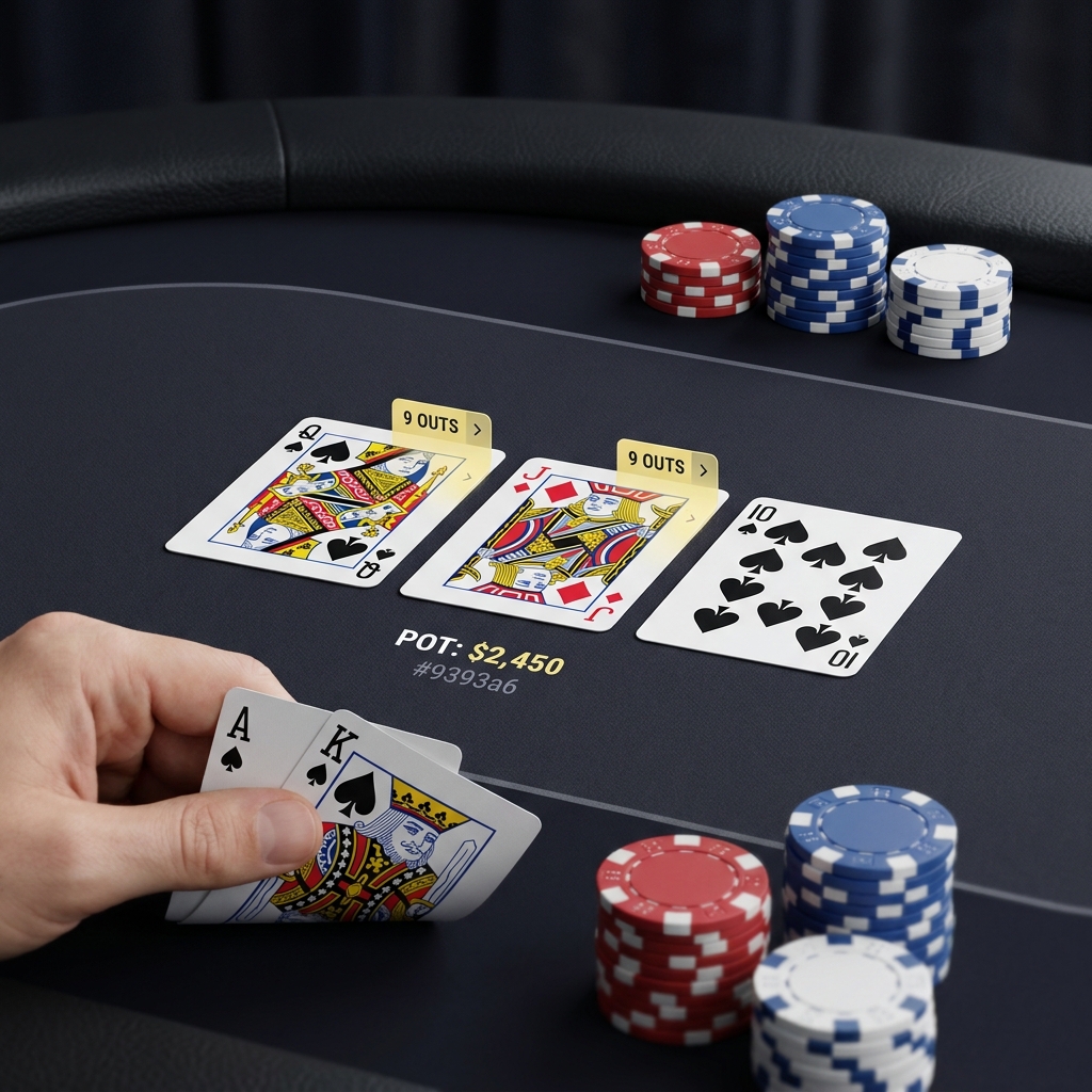 Close up realistic poker hand with community cards and highlighted outs infographic showing outs and pot size in brand colors odds implied probability
