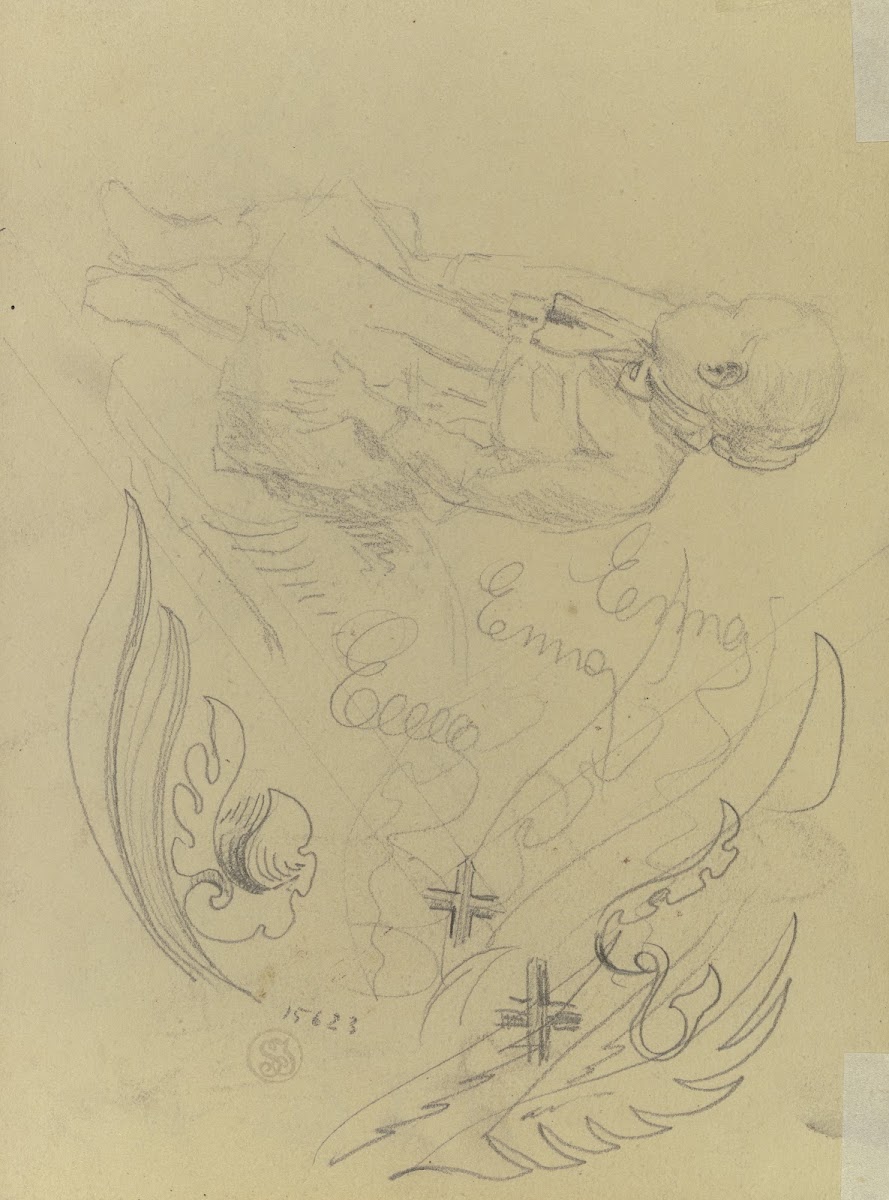 Studienblatt Sitzendes Mädchen mit abgewandtem Kopf Blattornament 1888