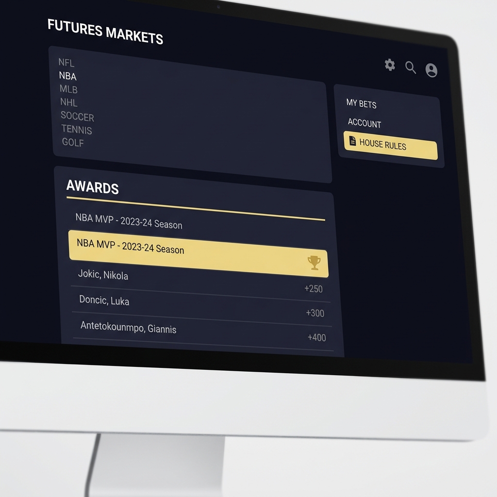Close up sportsbook menu showing a futures market labeled Awards with a highlighted house rules link on a dark Funded Plays interface for nba mvp betting