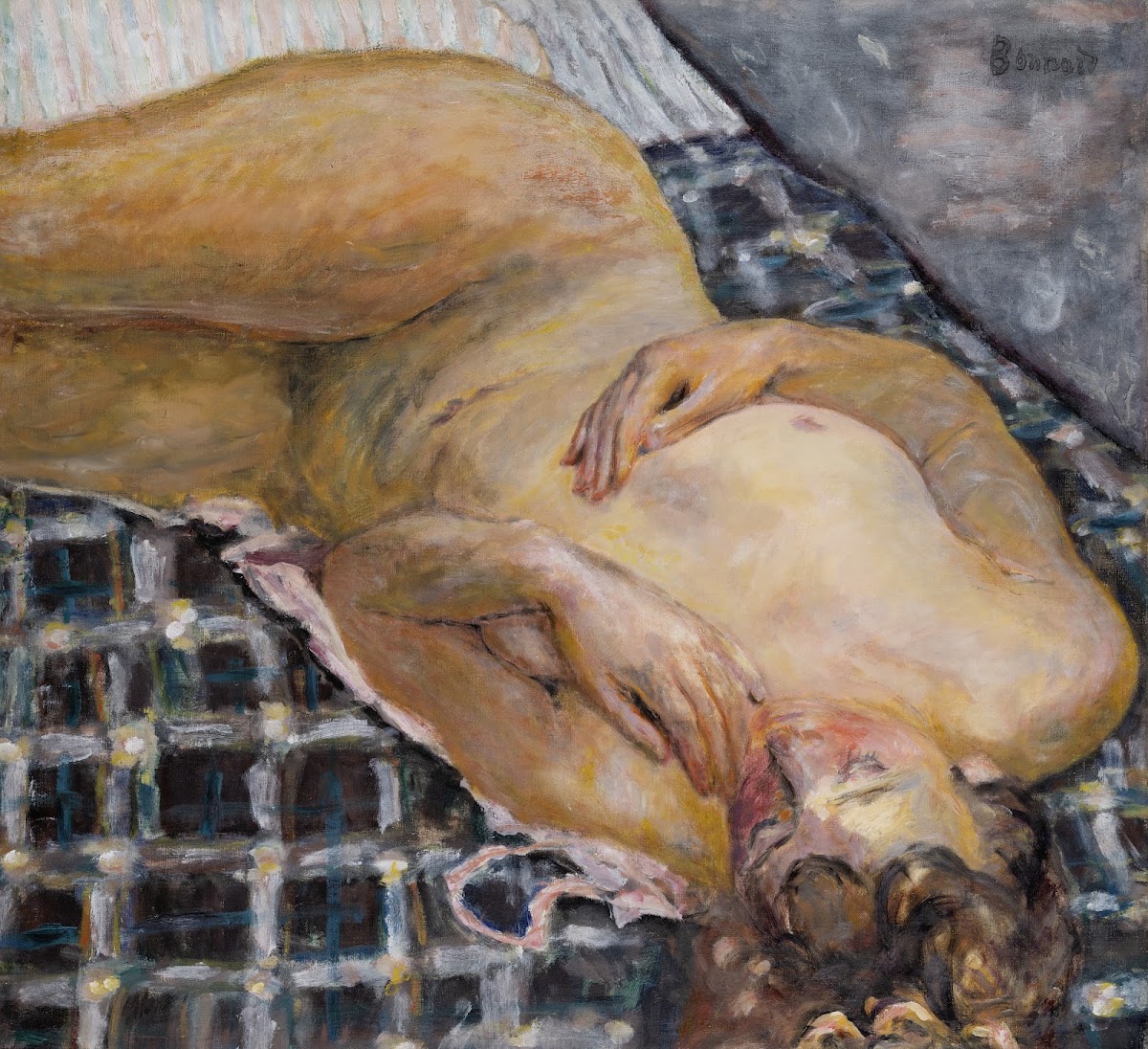 Reclining Nude against a White and Blue Plaid ca 1909