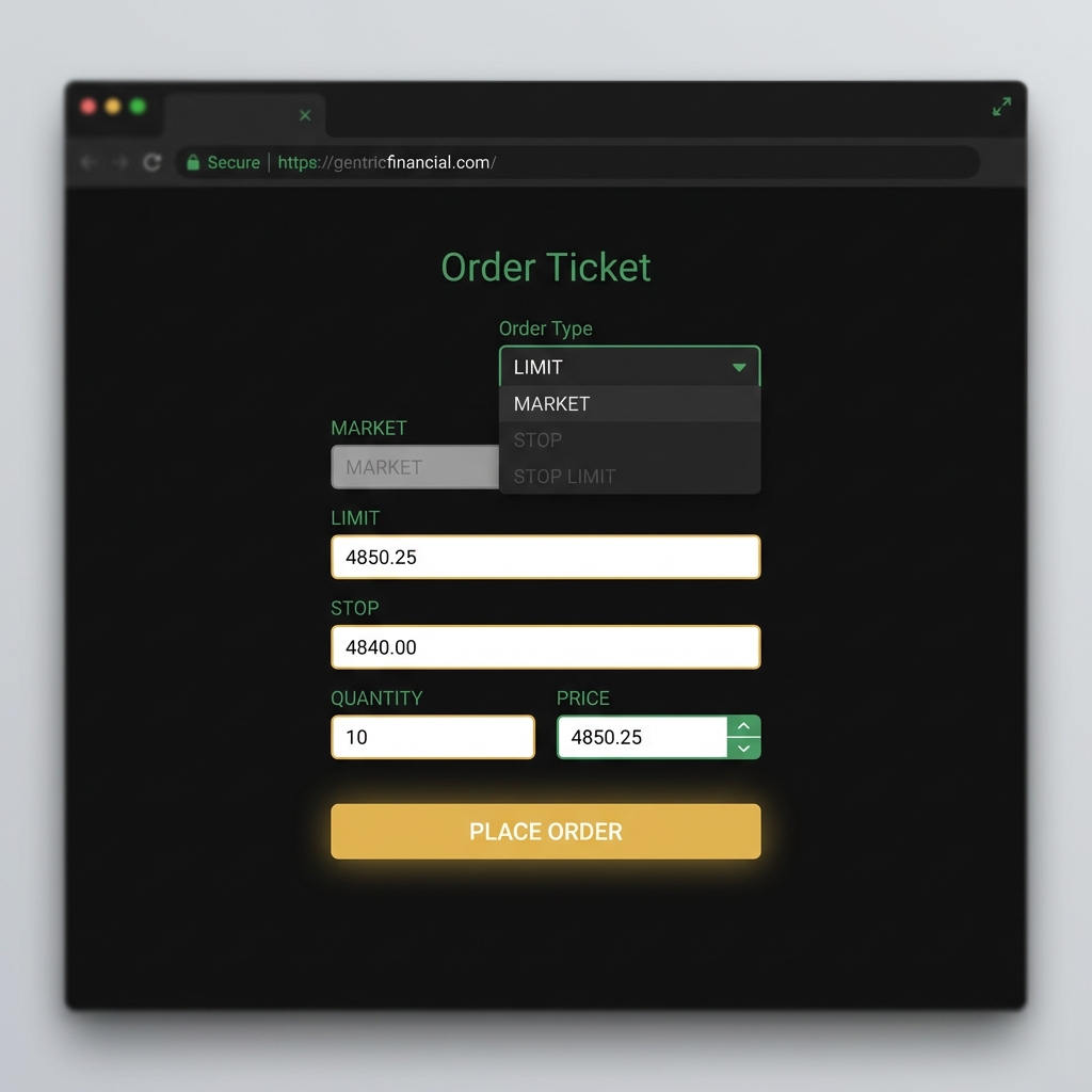 Close up browser order ticket form showing market limit and stop fields in Finance Police color scheme how do i start share trading