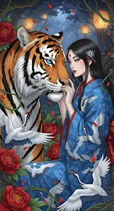 Japanese Woman Tiger Blue Kimono Peony Forest Art