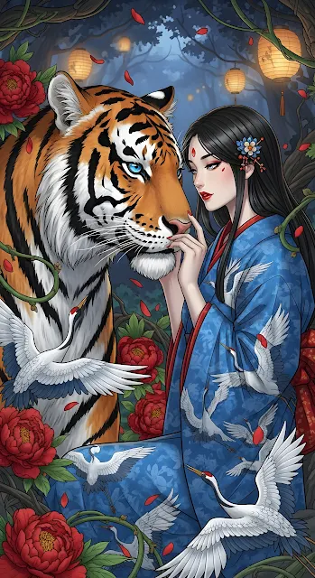 Japanese Woman Tiger Blue Kimono Peony Forest Art
