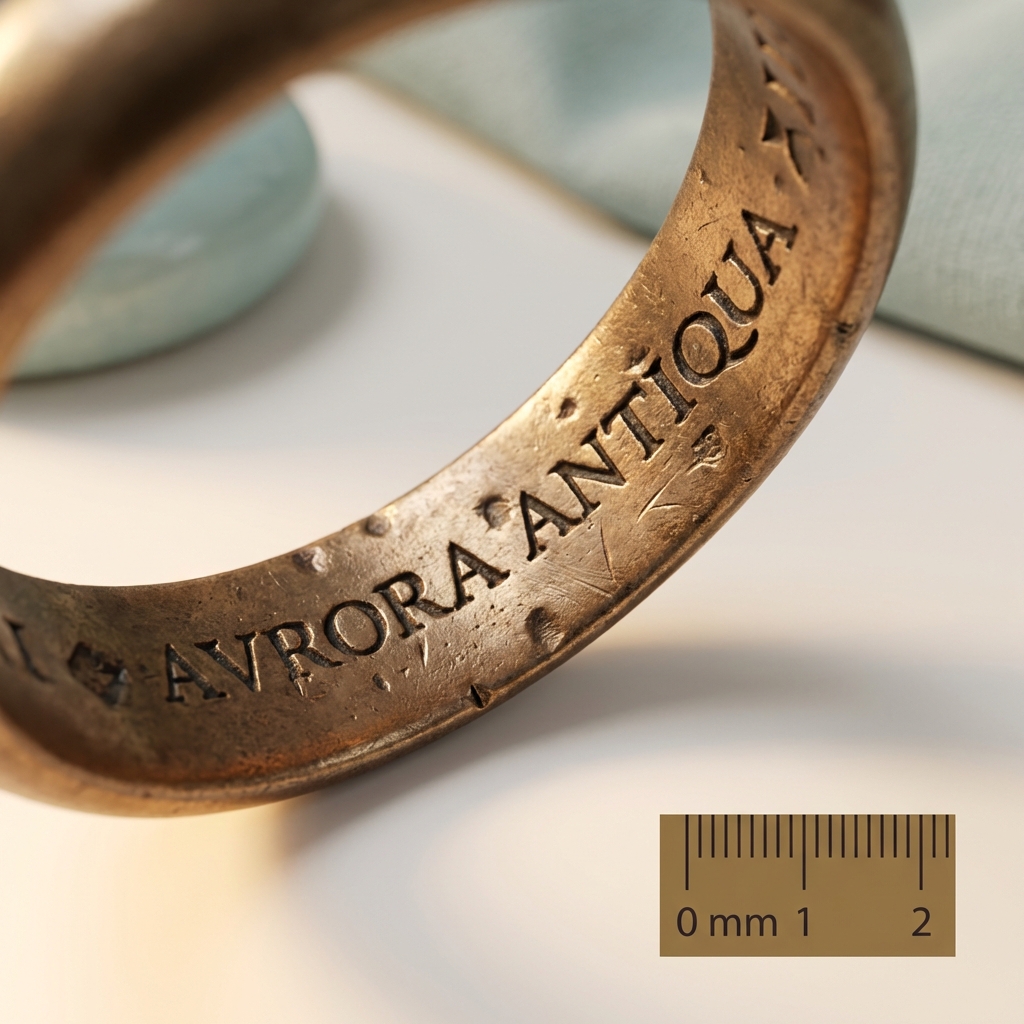 Macro photograph of an inscribed ring band under raking light showing letter forms tool marks and a small millimeter scale on soft ede7da background triskelion ring meaning