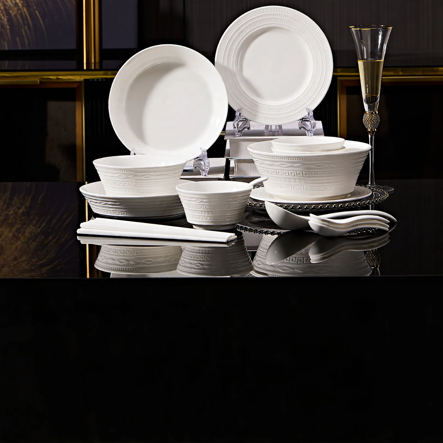 Porcelain dinnerware set with gold rim, luxury design