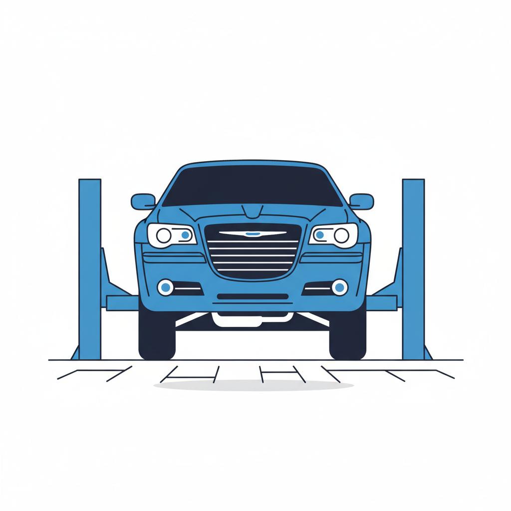 Minimalist 2D vector underside view of a Chrysler 300 showing transmission and suspension components in a clean service bay no people chrysler 300 for sale