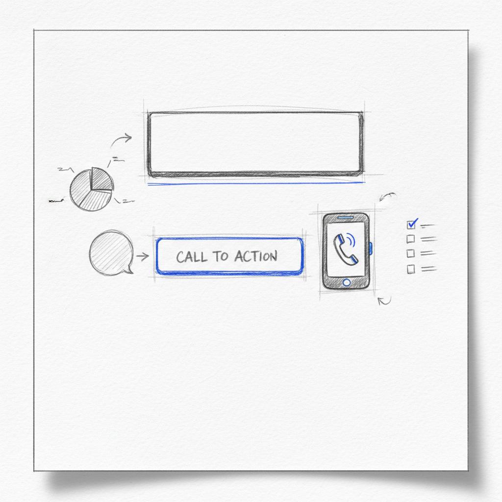 Close-up sketch of a mobile landing page wireframe on white textured paper with a hero area, single CTA and phone icon accented in #1a5bfb to reduce CPA in Facebook ads