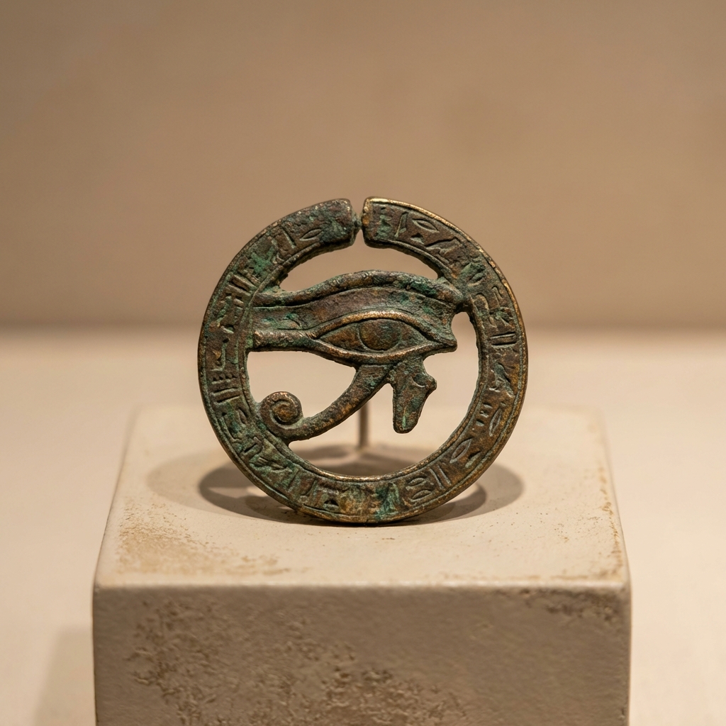 Close up museum detail of an ancient eye of horus nose ring amulet with green and brown patina carved metal and subtle gold accents on warm beige background